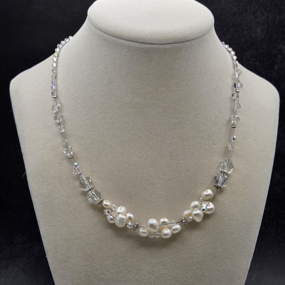 Delicate Multi-strand Silver & White Freshwater Pearls Faceted Crystal Beads 16"
